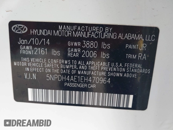 2014 Hyundai Elantra SE with VIN 5NPDH4AE1EH470964, listed as a IAAI auction lot 41916840 with 124,186 mi miles and . Bid and sale history available at DreamBid. Image 9.