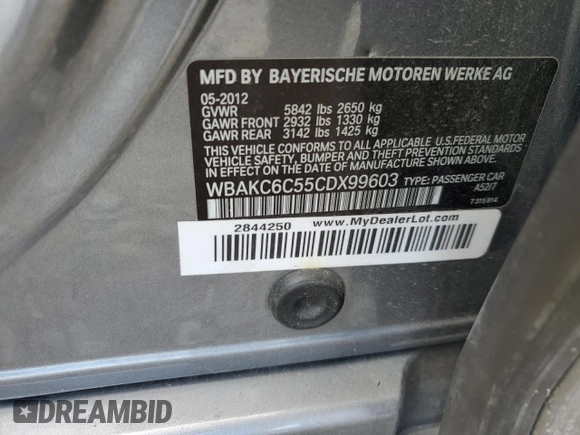 2012 BMW 7 Series 750i xDrive with VIN WBAKC6C55CDX99603, listed as a Copart auction lot 50835645 with 135,509 mi miles and Salvage Title. Bid and sale history available at DreamBid. Image 12.
