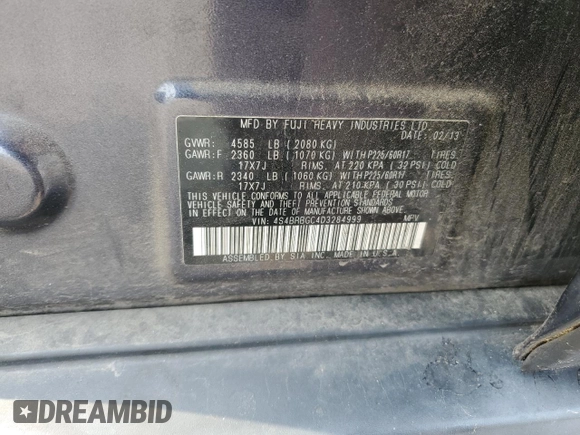 2013 Subaru Outback Premium with VIN 4S4BRBGC4D3284999, listed as a Copart auction lot 60265345 with 119,849 mi miles and Clean title. Bid and sale history available at DreamBid. Image 12.