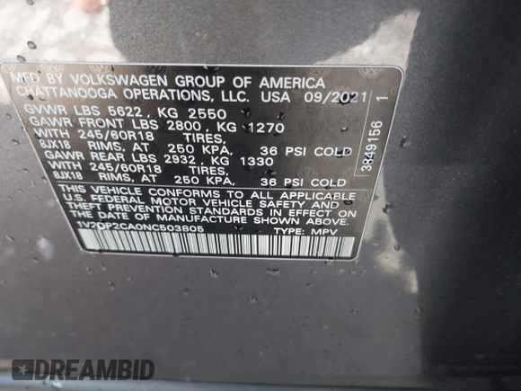 2022 Volkswagen Atlas SE with VIN 1V2DP2CA0NC503805, listed as a IAAI auction lot 41928342 with 65,860 mi miles and . Bid and sale history available at DreamBid. Image 9.