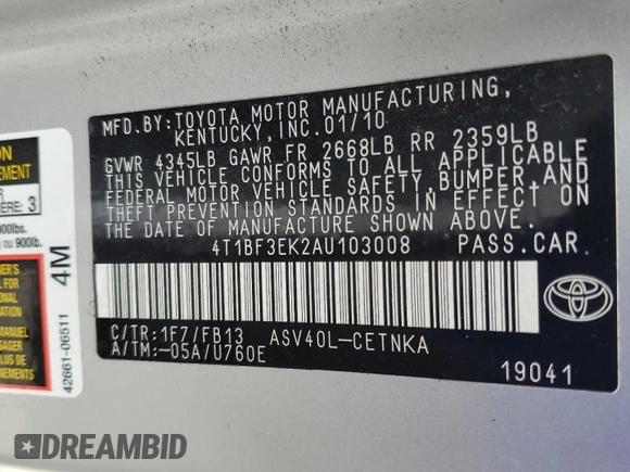 2010 Toyota Camry z VIN 4T1BF3EK2AU103008, wystawiony jako Copart lot #85611864 z przebiegiem 97 116 mil mil oraz Szkoda całkowita • Salvage title. Historia ofert i sprzedaży dostępna na DreamBid. Obrazek 14.