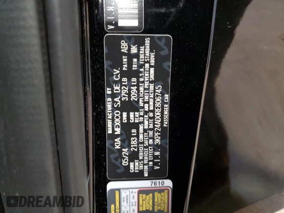 2024 Kia Forte LXS with VIN 3KPF24AD0RE806745, listed as a Copart auction lot 48023495 with 203 mi miles and Salvage Title. Bid and sale history available at DreamBid. Image 12.