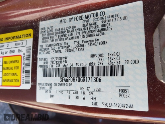 2016 Ford Fusion SE with VIN 3FA6P0H70GR171306, listed as a IAAI auction lot 41848701 with 79,223 mi miles. Bid and sale history available at carsss.com. Image 9.