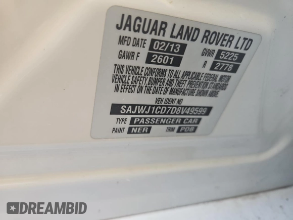 2013 Jaguar XJ с VIN SAJWJ1CD7D8V49599, выставлен на аукционе Copart как лот 82354574 с пробегом 133 163 миль миль и Чистый • Clean title. История ставок и продаж доступна на DreamBid. Изображение 10.