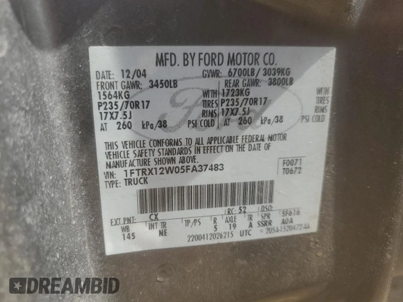 2005 Ford F-150 STX with VIN 1FTRX12W05FA37483, listed as a Copart auction lot 63074935 with 213,761 mi miles and Clean title. Bid and sale history available at DreamBid. Image 12.