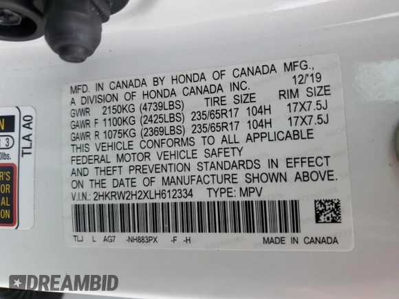 2020 Honda CR-V LX with VIN 2HKRW2H2XLH612334, listed as a Copart auction lot 52811735 with 52,998 mi miles and Salvage Title. Bid and sale history available at carsss.com. Image 13.