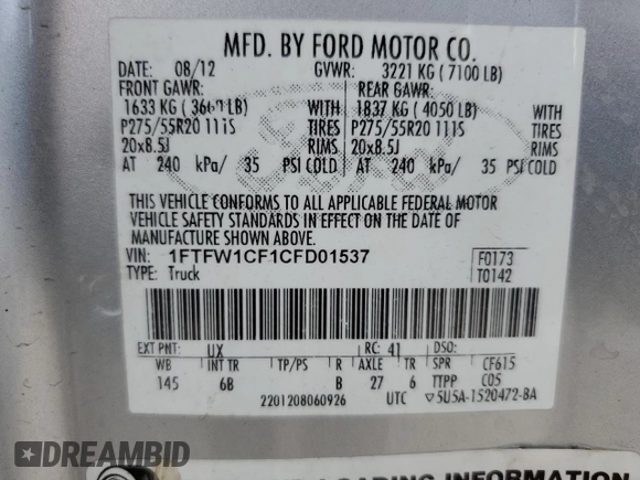 2012 Ford F-150 XL with VIN 1FTFW1CF1CFD01537, listed as a Copart auction lot 47666665 with 448,592 mi miles and Clean Title. Bid and sale history available at carsss.com. Image 12.