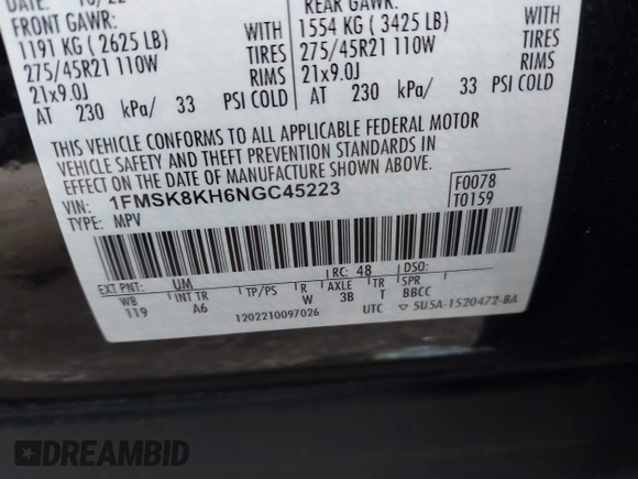 2022 Ford Explorer ST-Line с VIN 1FMSK8KH6NGC45223, выставлен на аукционе IAAI как лот 41811162 с пробегом 18 371 миль миль и . История ставок и продаж доступна на DreamBid. Изображение 9.