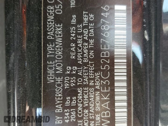 2011 BMW 3 Series 328i with VIN WBAKE3C52BE768746, listed as a Copart auction lot 49080925 with 132,457 mi miles and Salvage Title. Bid and sale history available at carsss.com. Image 12.