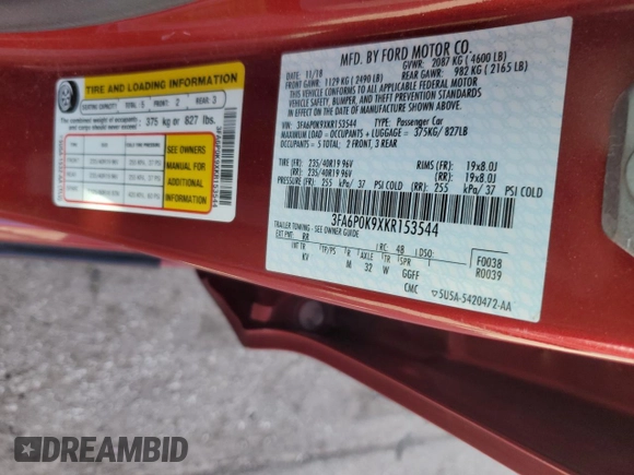 2019 Ford Fusion Titanium with VIN 3FA6P0K9XKR153544, listed as a Copart auction lot 46540155 with 94,338 mi miles and Salvage Title. Bid and sale history available at carsss.com. Image 12.