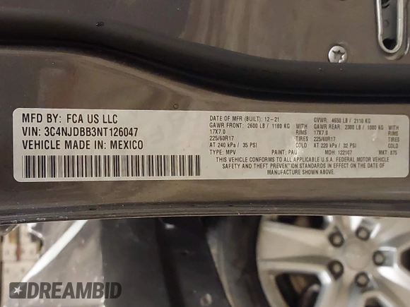 2022 Jeep Compass Altitude with VIN 3C4NJDBB3NT126047, listed as a IAAI auction lot 41570980 with 39,896 mi miles and . Bid and sale history available at DreamBid. Image 9.