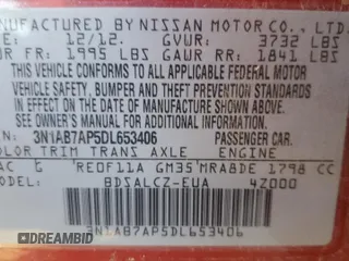 2013 Nissan Sentra SV with VIN 3N1AB7AP5DL653406, listed as a Copart auction lot 67293343 with 120,768 mi miles and Salvage Title. Bid and sale history available at carsss.com. Image 12.