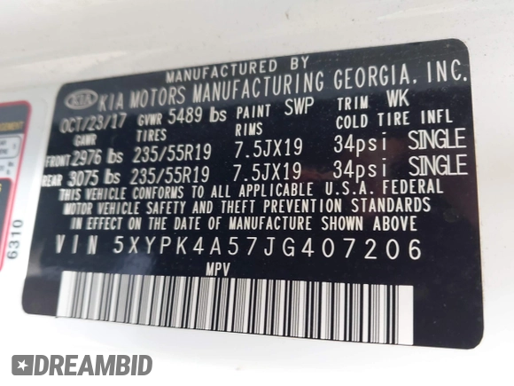 2018 Kia Sorento SX with VIN 5XYPK4A57JG407206, listed as a IAAI auction lot 42378049 with Not provided miles and . Bid and sale history available at DreamBid. Image 9.