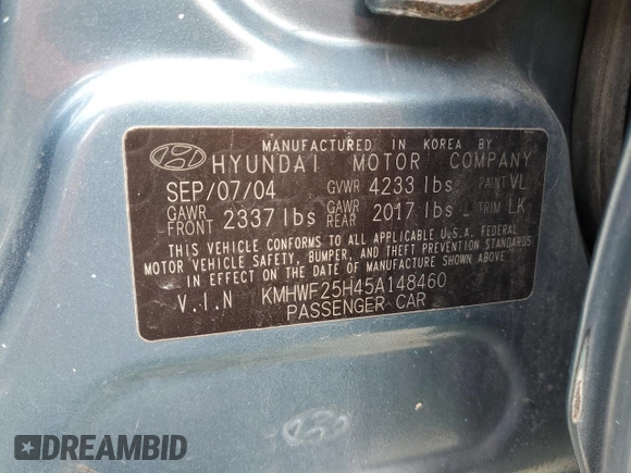 2005 Hyundai Sonata GL with VIN KMHWF25H45A148460, listed as a Copart auction lot 50328605 with 119,038 mi miles and Non Repairable. Bid and sale history available at carsss.com. Image 12.