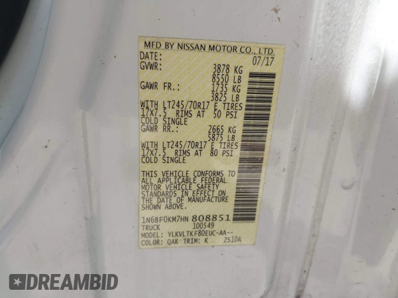 2017 Nissan NV Cargo S z VIN 1N6BF0KM7HN808851, wystawiony jako IAAI lot #41853575 z przebiegiem 93 893 mil mil oraz . Historia ofert i sprzedaży dostępna na DreamBid. Obrazek 9.