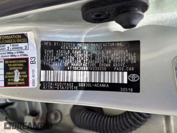 2007 Toyota Avalon XL with VIN 4T1BK36B87U233250, listed as a Copart auction lot 56004175 with 140,945 mi miles and Clean Title. Bid and sale history available at DreamBid. Image 10.