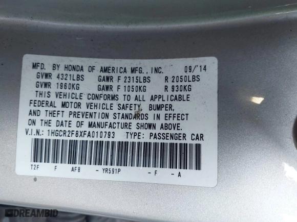 2015 Honda Accord Sedan EX-L with VIN 1HGCR2F8XFA010793, listed as a IAAI auction lot 41780141 with 204,031 mi miles. Bid and sale history available at carsss.com. Image 9.