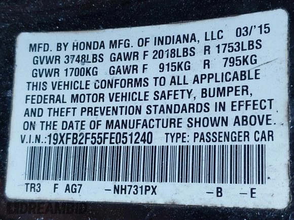 2015 Honda Civic Sedan LX with VIN 19XFB2F55FE051240, listed as a IAAI auction lot 41889918 with 217,589 mi miles. Bid and sale history available at carsss.com. Image 8.