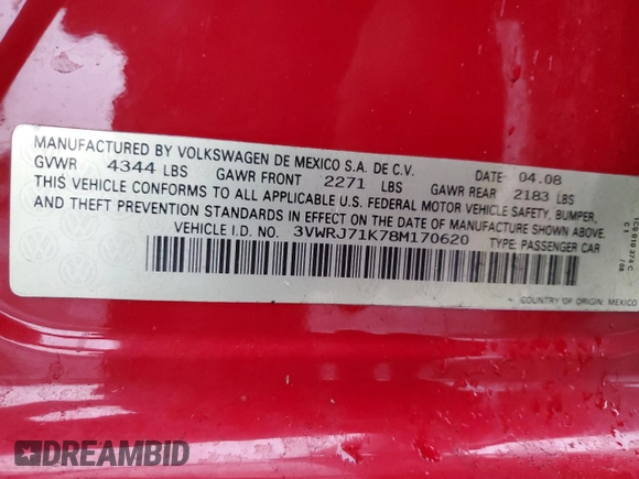 2008 Volkswagen Jetta Wolfsburg Edition with VIN 3VWRJ71K78M170620, listed as a Copart auction lot 85801314 with 200,487 mi miles and Salvage title. Bid and sale history available at DreamBid. Image 12.