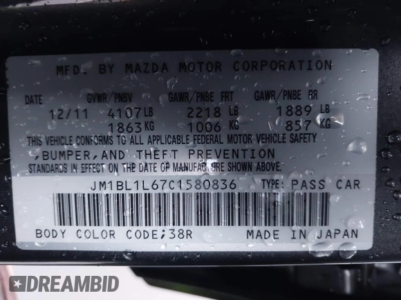 2012 Mazda 3 S Touring with VIN JM1BL1L67C1580836, listed as a IAAI auction lot 41079626 with 60,168 mi miles and . Bid and sale history available at DreamBid. Image 9.