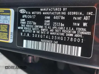 2017 Kia Optima LX with VIN 5XXGT4L35HG178001, listed as a Copart auction lot 50804015 with 190,803 mi miles and Salvage Title. Bid and sale history available at carsss.com. Image 12.