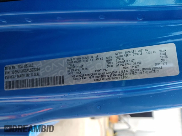 2023 Jeep Gladiator Sport S with VIN 1C6HJTAG3PL593284, listed as a Copart auction lot 57292935 with Not provided miles and Salvage title. Bid and sale history available at DreamBid. Image 13.