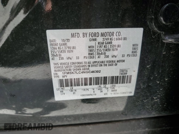 2022 Ford Explorer King Ranch with VIN 1FM5K7LC4NGC46302, listed as a Copart auction lot 49409195 with 33,300 mi miles and Salvage Title. Bid and sale history available at carsss.com. Image 15.