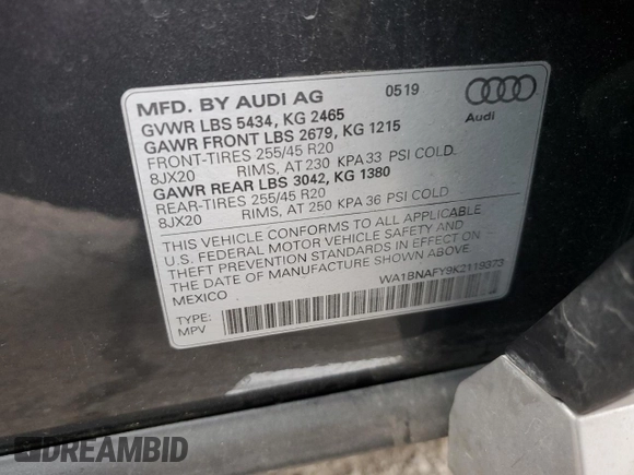 2019 Audi Q5 Premium Plus with VIN WA1BNAFY9K2119373, listed as a Copart auction lot 69172432 with 20,711 mi miles. Bid and sale history available at carsss.com. Image 14.