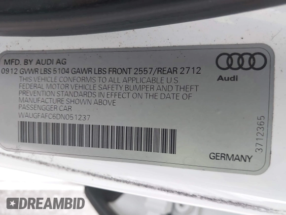2013 Audi A6 Premium Plus with VIN WAUGFAFC6DN051237, listed as a IAAI auction lot 41553452 with 114,446 mi miles and . Bid and sale history available at DreamBid. Image 9.