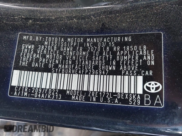2015 Toyota Corolla L с VIN 5YFBURHE4FP296947, выставлен на аукционе IAAI как лот 42482174 с пробегом 153 509 миль миль и . История ставок и продаж доступна на DreamBid. Изображение 9.