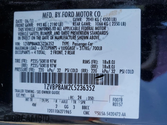 2012 Ford Mustang V6 Premium with VIN 1ZVBP8AM2C5236352, listed as a Copart auction lot 52618895 with 117,332 mi miles and Salvage Title. Bid and sale history available at carsss.com. Image 12.