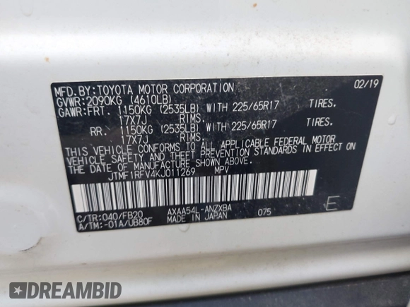 2019 Toyota RAV4 LE with VIN JTMF1RFV4KJ011269, listed as a IAAI auction lot 42546070 with 25,815 mi miles and . Bid and sale history available at DreamBid. Image 9.