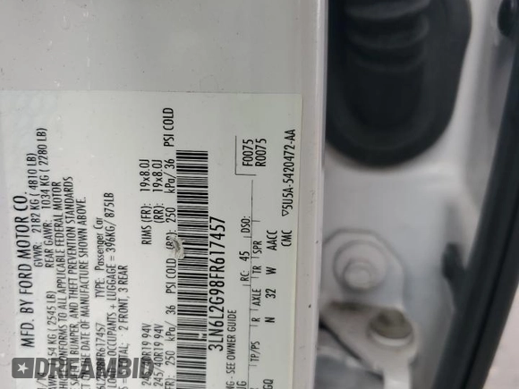 2015 Lincoln MKZ with VIN 3LN6L2G98FR617457, listed as a Copart auction lot 54399165 with 138,596 mi miles and Salvage title. Bid and sale history available at DreamBid. Image 12.