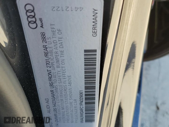 2015 Audi A7 Premium Plus with VIN WAUWGAFC1FN029061, listed as a Copart auction lot 88324805 with 91,038 mi miles and Salvage title. Bid and sale history available at DreamBid. Image 13.