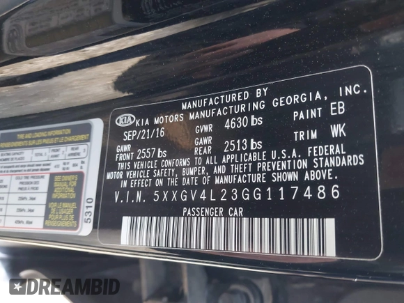 2016 Kia Optima SXL Turbo with VIN 5XXGV4L23GG117486, listed as a IAAI auction lot 41998300 with 142,477 mi miles. Bid and sale history available at carsss.com. Image 9.