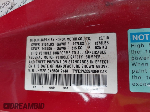 2011 Honda CR-Z with VIN JHMZF1C42BS012148, listed as a IAAI auction lot 41576057 with 222,737 mi miles and . Bid and sale history available at DreamBid. Image 9.