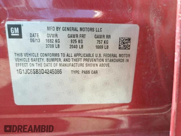 2013 Chevrolet Sonic LT with VIN 1G1JC6SB3D4245086, listed as a Copart auction lot 43822255 with 93,689 mi miles and Clean Title. Bid and sale history available at carsss.com. Image 10.