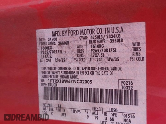 2000 Ford F-150 XL with VIN 1FTRX18W6YNC32005, listed as a Copart auction lot 82169314 with 289,320 mi miles and Salvage Title. Bid and sale history available at carsss.com. Image 15.