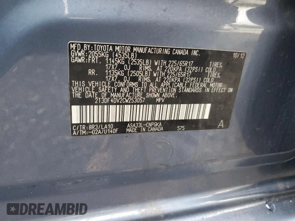 2012 Toyota RAV4 Limited z VIN 2T3DF4DV2CW253057, wystawiony jako Copart lot #60691915 z przebiegiem 101 570 mil mil oraz Szkoda całkowita • Salvage title. Historia ofert i sprzedaży dostępna na DreamBid. Obrazek 13.