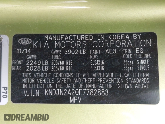 2015 Kia Soul with VIN KNDJN2A20F7782883, listed as a IAAI auction lot 41864247 with 118,614 mi miles and . Bid and sale history available at DreamBid. Image 9.