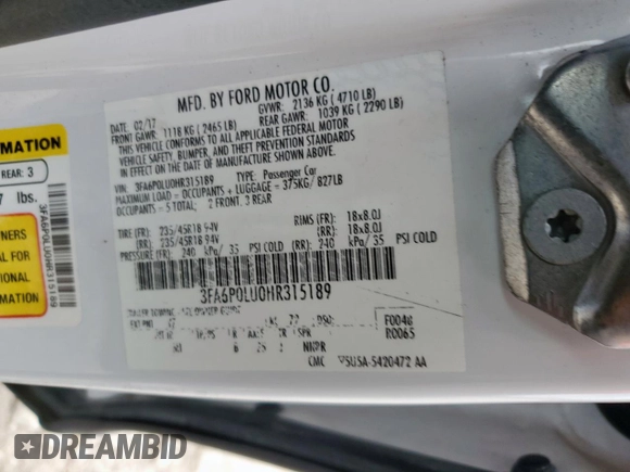 2017 Ford Fusion Hybrid SE with VIN 3FA6P0LU0HR315189, listed as a Copart auction lot 57478085 with Not provided miles and Salvage title. Bid and sale history available at DreamBid. Image 13.