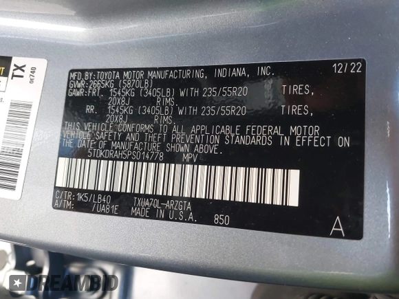 2023 Toyota Highlander L z VIN 5TDKDRAH5PS014778, wystawiony jako IAAI lot #41081620 z przebiegiem 49 047 mil mil oraz . Historia ofert i sprzedaży dostępna na DreamBid. Obrazek 9.