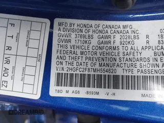 2021 Honda Civic Sport with VIN 2HGFC2F87MH554620, listed as a IAAI auction lot 41743596 with 52,327 mi miles and . Bid and sale history available at DreamBid. Image 9.