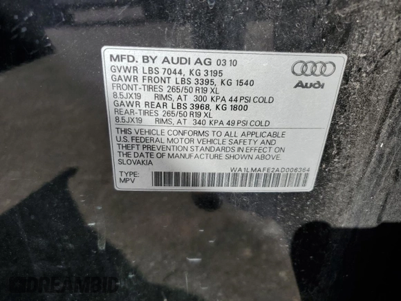 2010 Audi Q7 Premium Plus z VIN WA1LMAFE2AD006364, wystawiony jako Copart lot #73230164 z przebiegiem Nie podano mil oraz Szkoda całkowita • Salvage title. Historia ofert i sprzedaży dostępna na DreamBid. Obrazek 13.