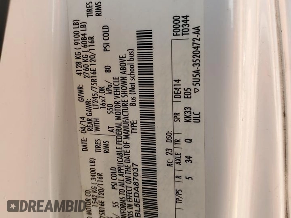 2014 Ford Econoline Passenger XL with VIN 1FBSS3BL5EDA87037, listed as a Copart auction lot 56159675 with Not provided miles and Salvage title. Bid and sale history available at DreamBid. Image 12.
