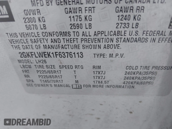 2015 GMC Terrain SLE with VIN 2GKFLWEK1F6376113, listed as a IAAI auction lot 41623963 with 51,476 mi miles and . Bid and sale history available at carsss.com. Image 9.