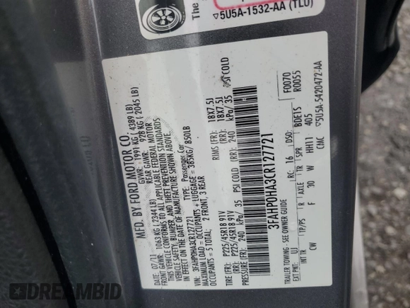 2012 Ford Fusion SE with VIN 3FAHP0HA3CR127721, listed as a Copart auction lot 64726335 with 175,332 mi miles and Salvage title. Bid and sale history available at DreamBid. Image 12.