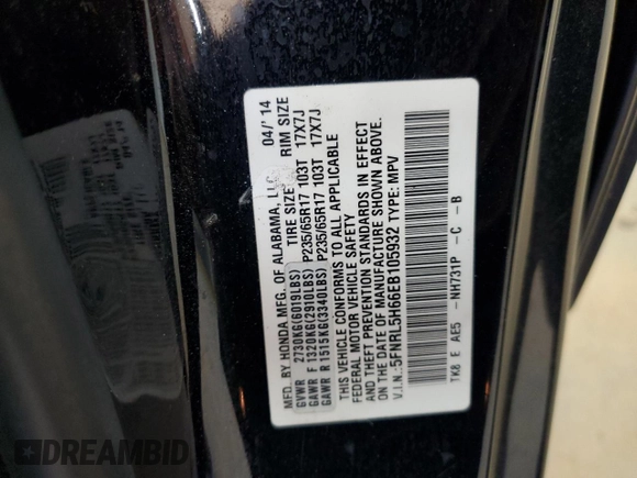 2014 Honda Odyssey EX-L with VIN 5FNRL5H66EB105932, listed as a Copart auction lot 49734905 with 222,723 mi miles and Salvage Title. Bid and sale history available at carsss.com. Image 13.