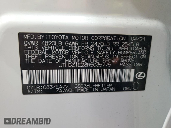 2024 Lexus IS 350 F Sport with VIN JTHGZ1E28R5035775, listed as a Copart auction lot 47109195 with 6,076 mi miles and Salvage title. Bid and sale history available at DreamBid. Image 12.