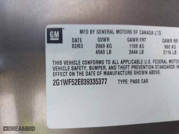 2003 Chevrolet Impala with VIN 2G1WF52E839335377, listed as a IAAI auction lot 41774917 with 189,350 mi miles. Bid and sale history available at carsss.com. Image 9.